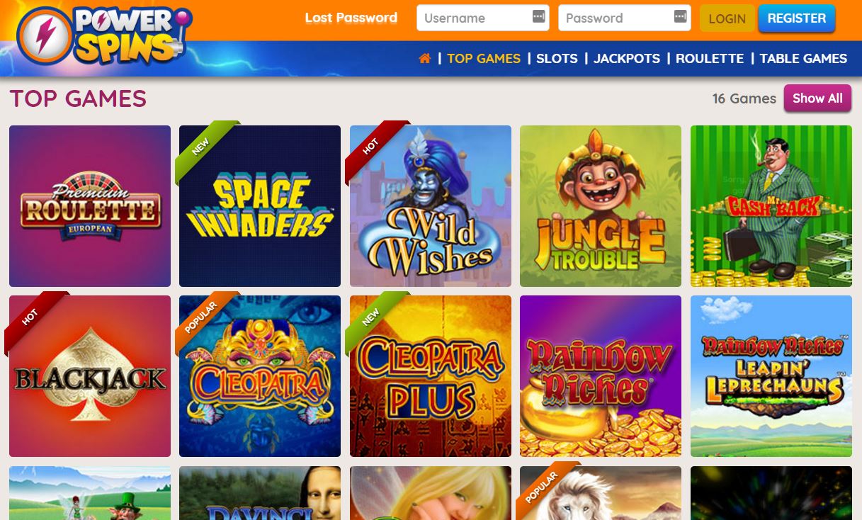 Power Spins 's spelutbud